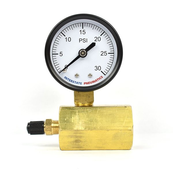 Interstate Pneumatics 2 Inch 30 PSI - 1/4 Inch NPT Bottom Mount 3/4 Inch FNPT Test Pressure Gauge with Tire Valve Fitting G2012-030GT